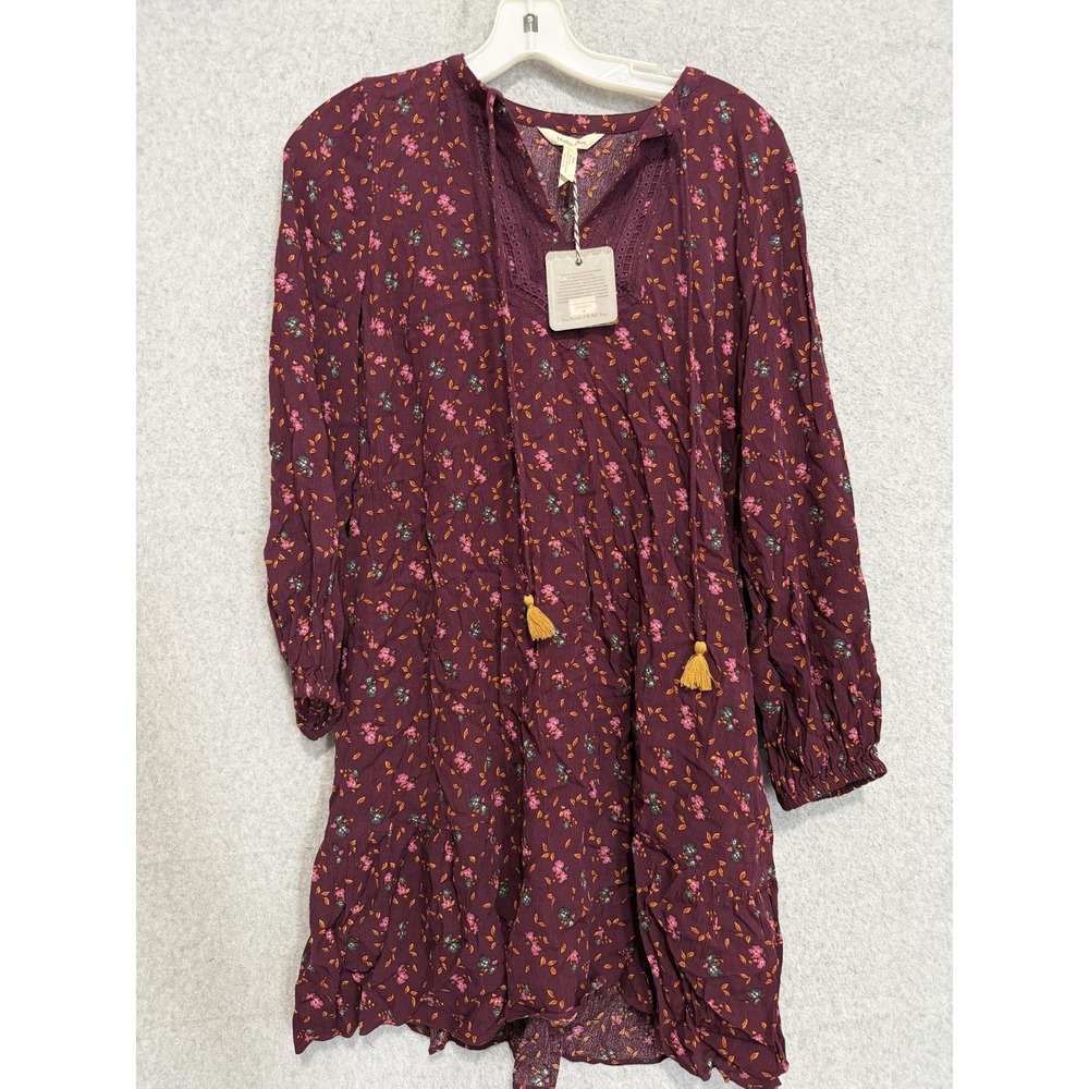 Matilda Jane Dress Womens XS Purple Floral‎ V Neck Tassel Boho Shift 3/4 Sleeve